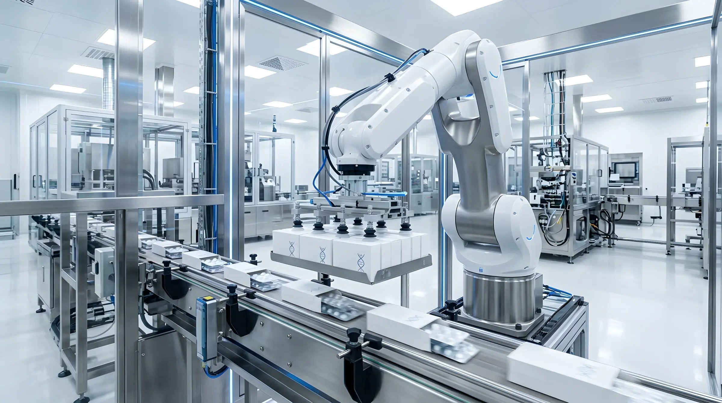 Bras robotisé sur une ligne d’emballage automatisée